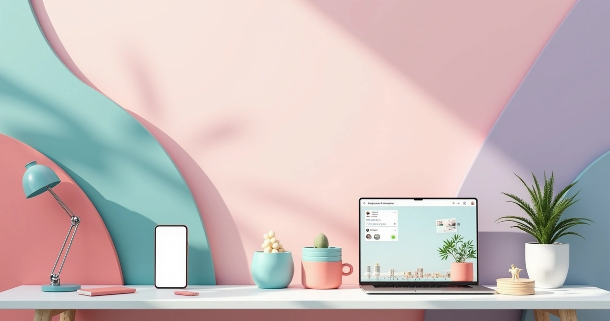 Paleta de cores pastel com fontes legíveis e elementos gráficos cercando um smartphone e laptop com postagens de Instagram.