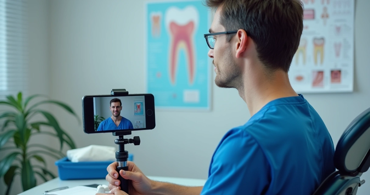 Profissional de odontologia gravando dica em vídeo para grupo exclusivo