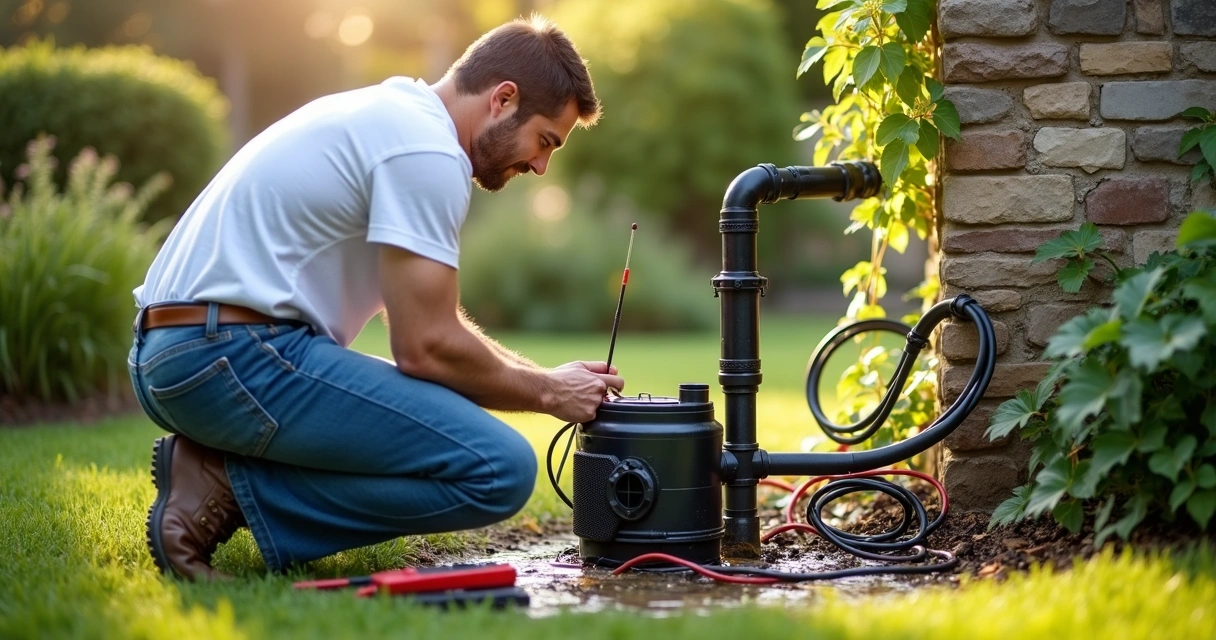 Homem instalando bomba de água com ferramentas ao lado 