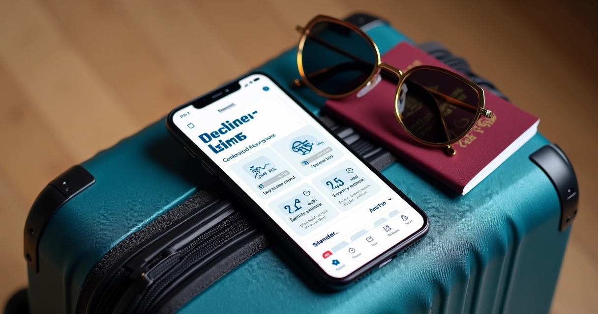 Celular mostrando dicas de milhas em app, próximo a mala de viagem 