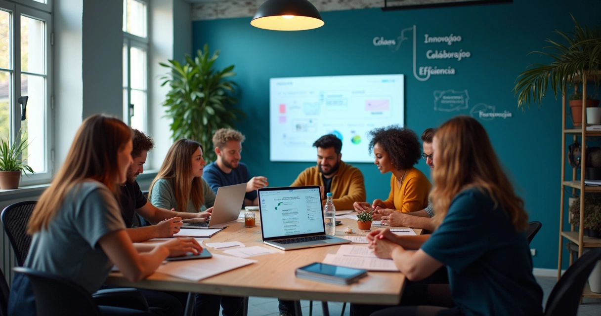 Colaboradores em escritório moderno usando ferramentas no-code em mesa, com laptop aberto e quadro branco.