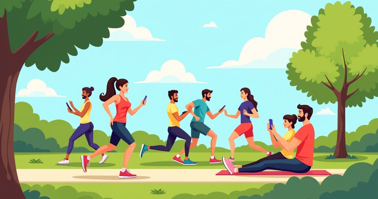 Grupo diverso de pessoas se exercitando em um parque, incluindo corrida, yoga e treinamento em equipe.
