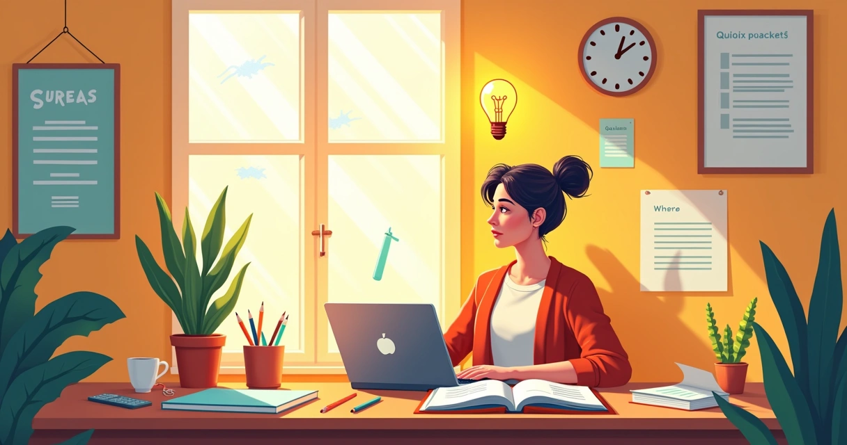 Ilustração de um criador de conteúdo em uma mesa, inspirado, cercado por ferramentas criativas e ideias.