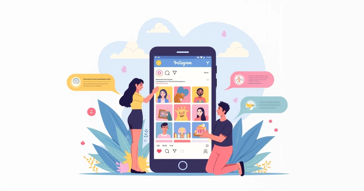 Ilustração colorida de um smartphone mostrando Instagram, com interações e diretrizes da comunidade.