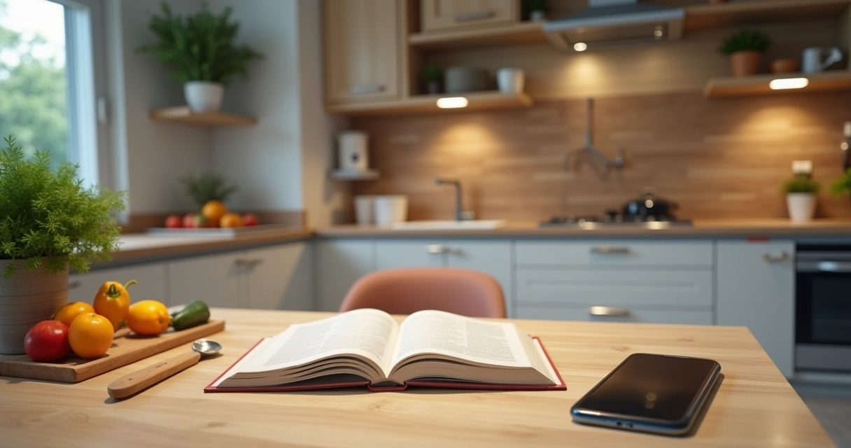 Uma mesa de madeira com um livro aberto, colher de madeira e telefone exibindo vídeo de receita.