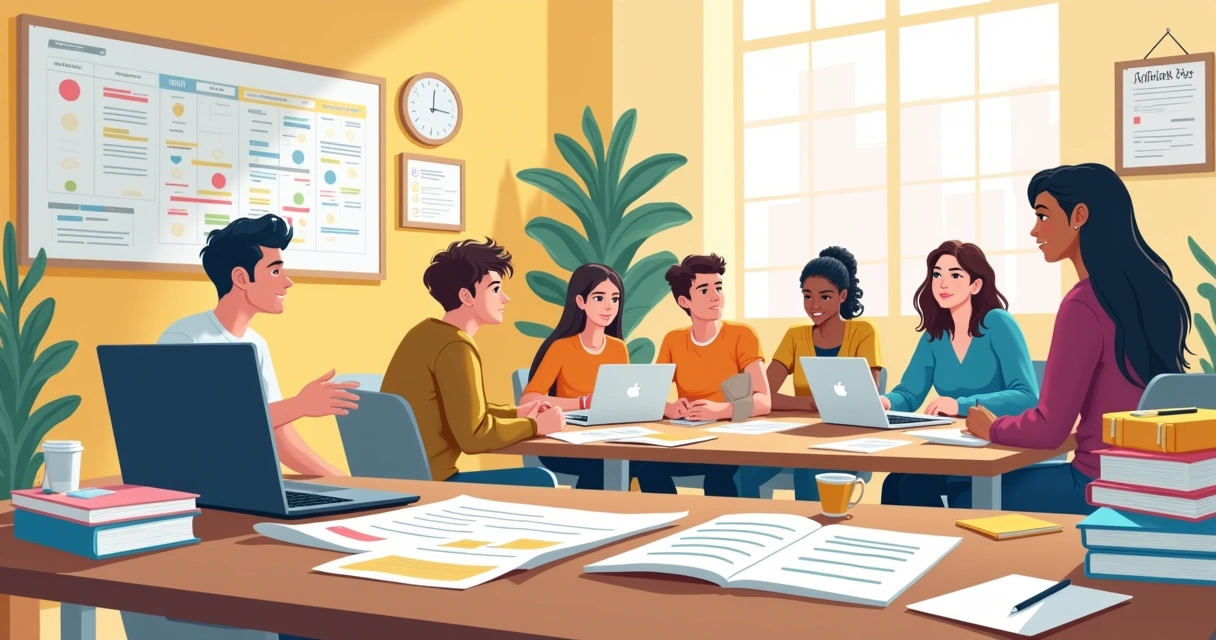 Ambiente de estudo com mesa bagunçada, edital destacado e estudantes discutindo estratégias de estudo.