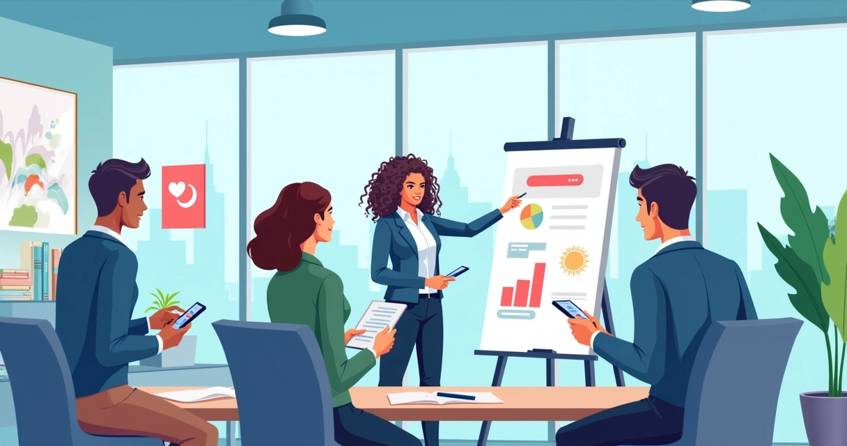 Diversos profissionais em escritório moderno discutindo dicas para melhorar prospecção B2B.