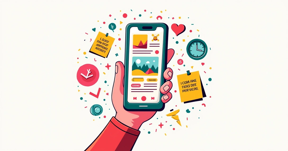 O que postar no Instagram? 10 ideias de conteúdo que funcionam em qualquer nicho 2 Ilustração de um feed do Instagram em um smartphone com dicas rápidas e tutoriais, rodeado de elementos animados.