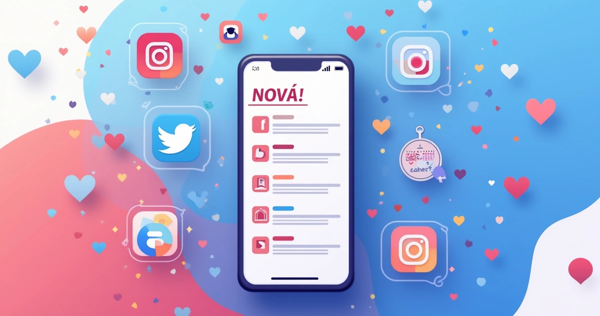 Celular com feed de redes sociais e ícones, destacando dicas para crescer seguidores, com fundo colorido.