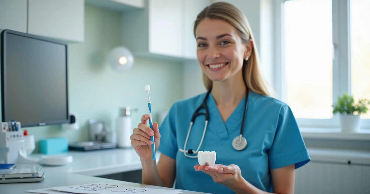 Dentista mostrando dicas de saúde bucal em vídeo.
