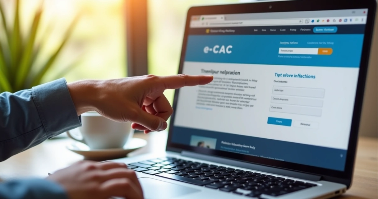 Pessoa apontando para dicas do portal e-CAC na tela 