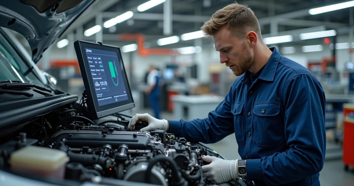 Técnico inspecionando motor diesel moderno com ferramentas digitais.