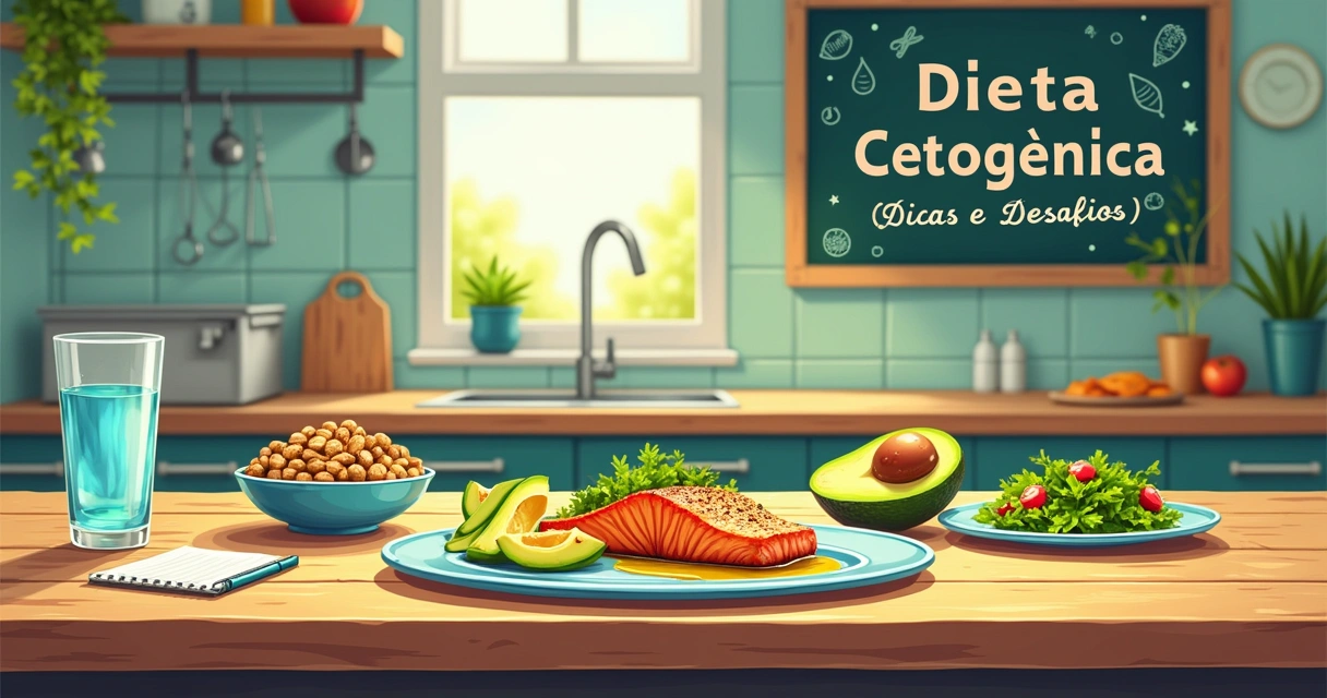 Mesa com alimentos da dieta cetogênica, incluindo abacate, salmão grelhado e água, com um caderno ao lado.