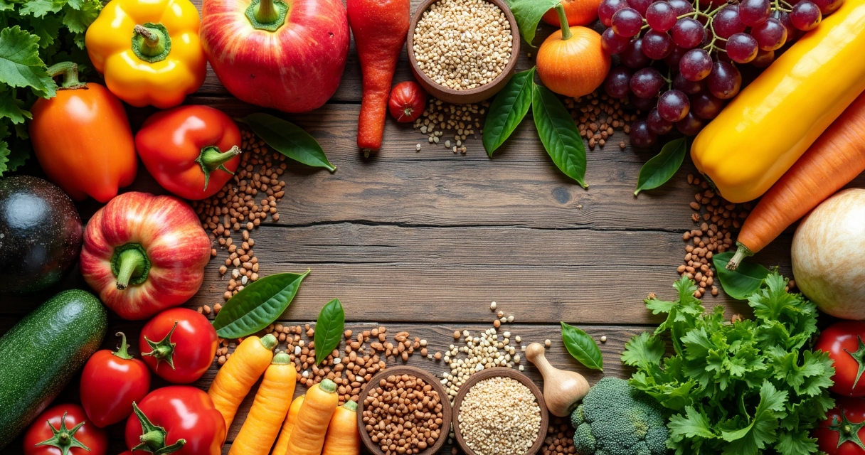 Mesa de madeira com vegetais, frutas e grãos variados 