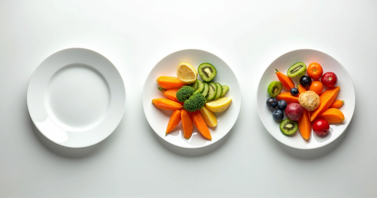 Etapas da dieta FODMAP representadas por pratos diferentes 