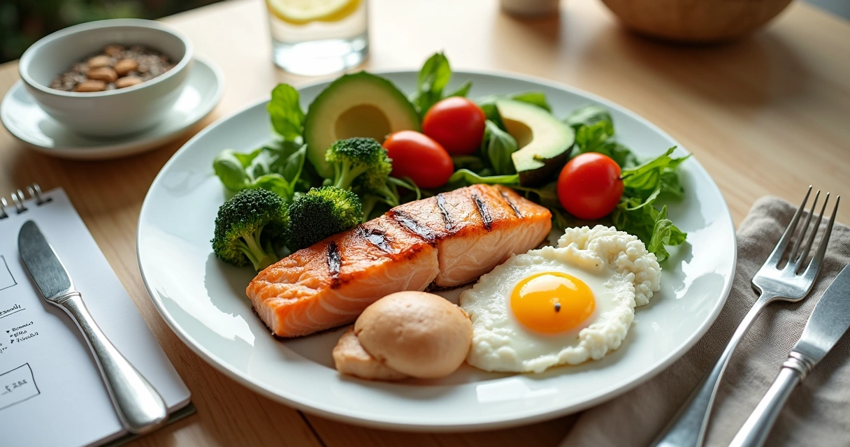 Prato balanceado com proteínas magras e legumes sobre mesa de cozinha moderna 
