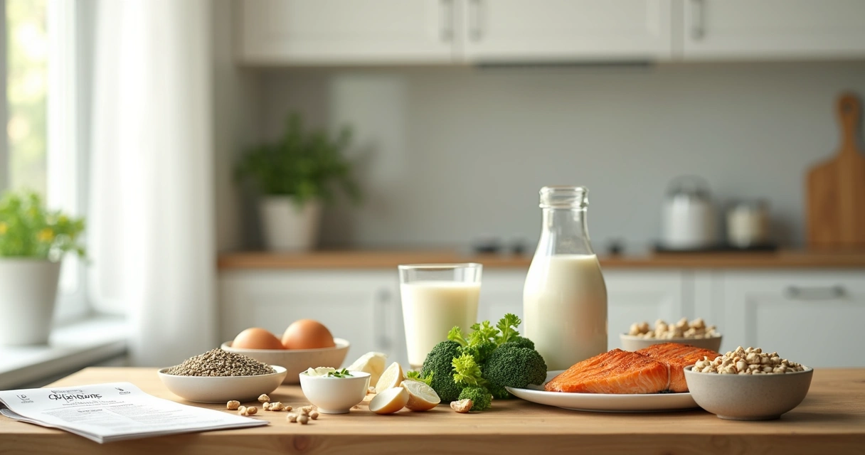 Mesa com alimentos sem lactose organizados para uma dieta equilibrada 
