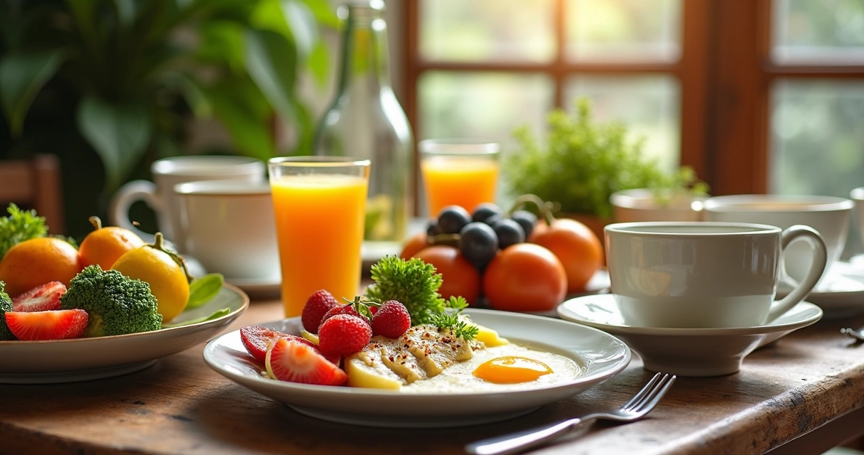 Mesa com alimentos variados incluindo vegetais, ovos, peixes e frutas