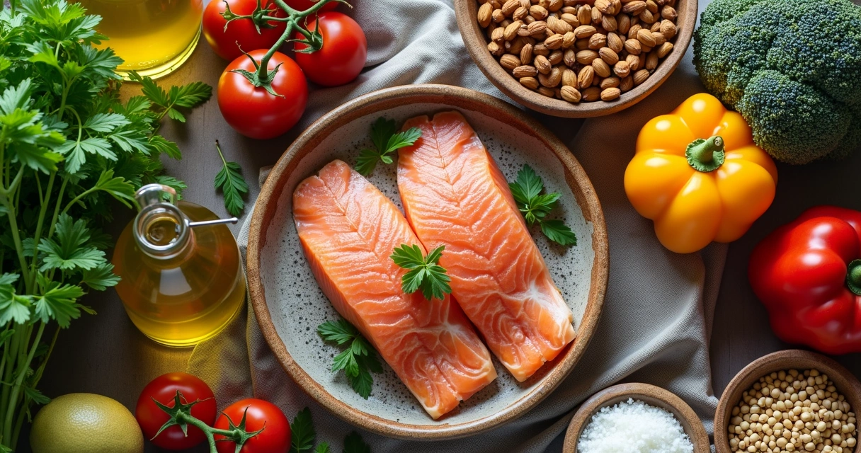 Prato com alimentos da dieta mediterrânea e vegetais 