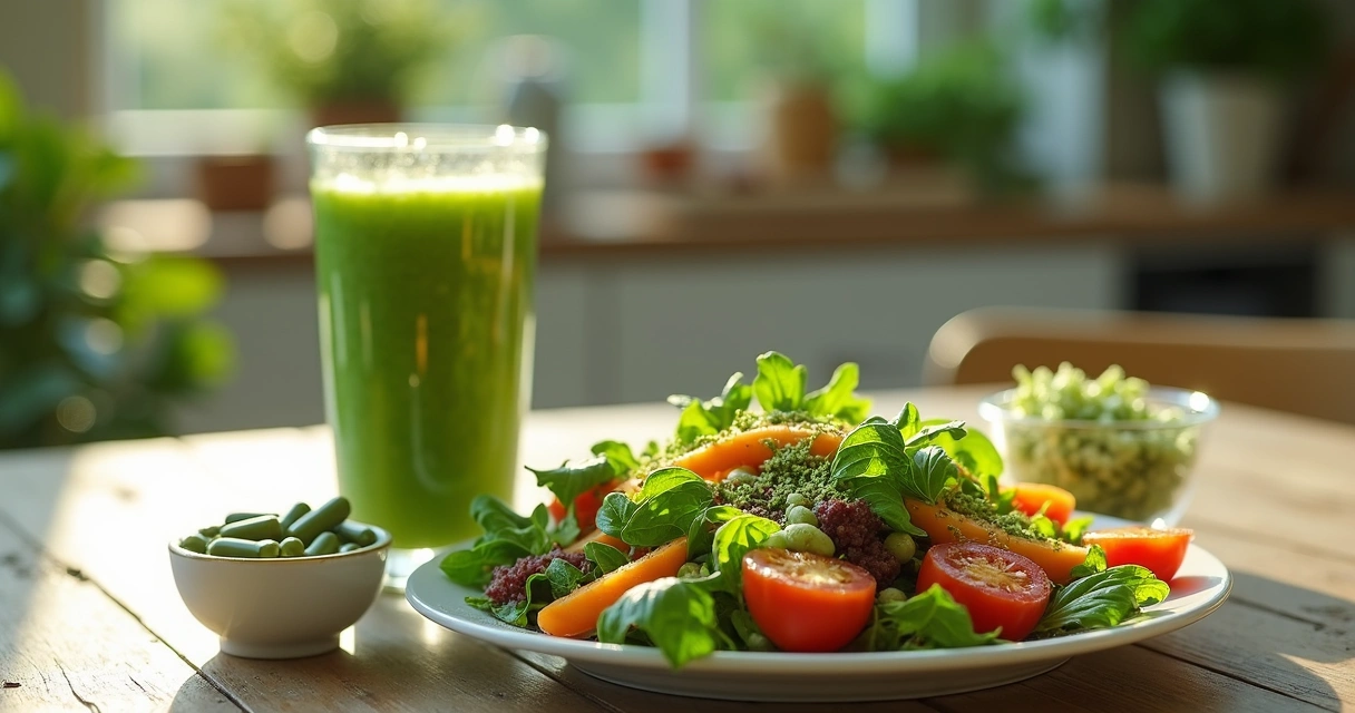 Mesa de madeira com salada contendo moringa, copo de smoothie verde e suplemento em cápsulas 