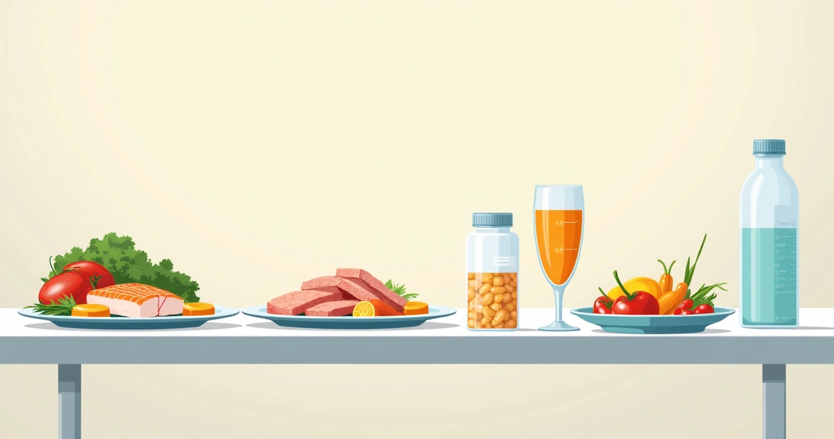 Alimentos variados em pequenas porções sobre uma mesa, representando dieta pós-bariátrica 