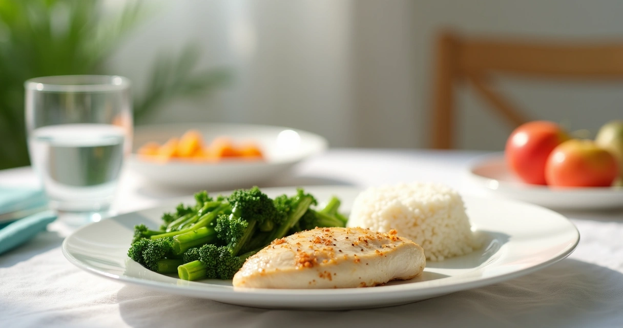 Prato simples com alimentos cozidos, vegetais e água 