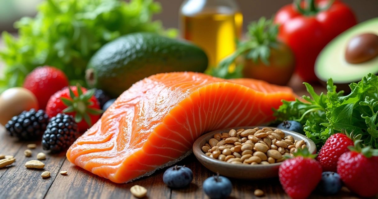 Alimentos saudáveis coloridos em uma mesa de madeira 