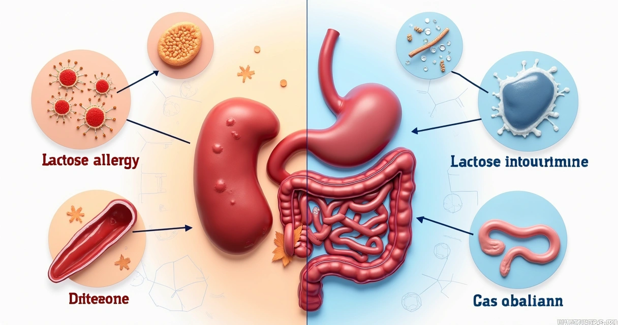 Ilustração detalhada mostrando duas colunas comparativas entre alergia à lactose e intolerância à lactose, com ícones representando sintomas e causas imunológicas e enzimáticas 