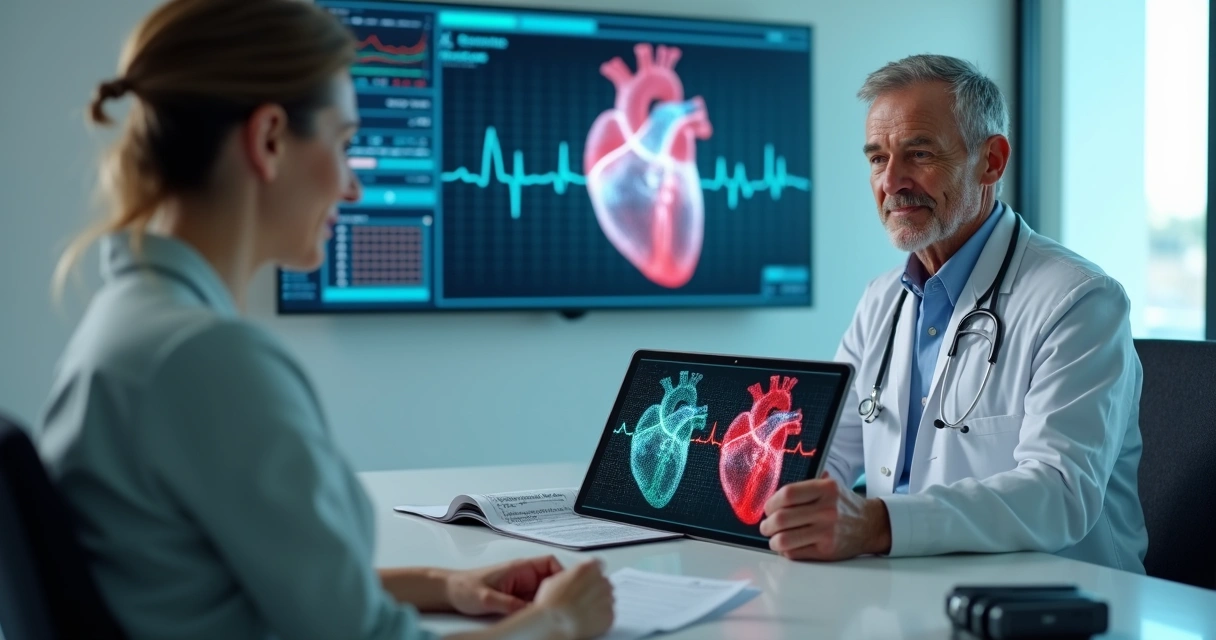 Cardiologista mostrando em tablet a diferença entre arritmia benigna e maligna a uma paciente 