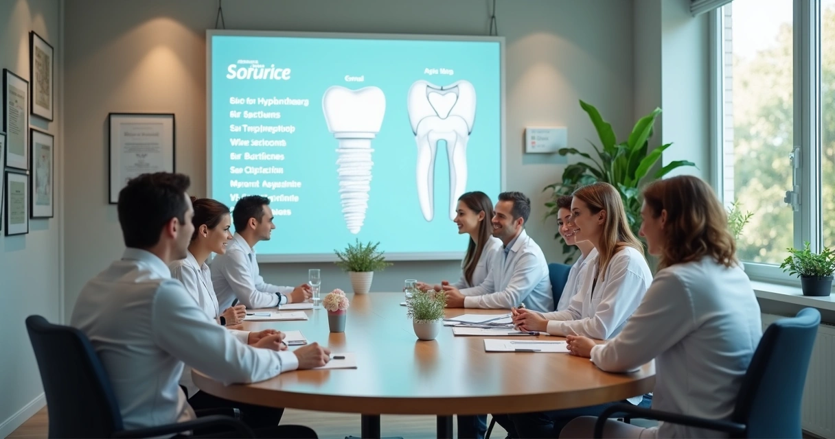 Equipe odontológica apresentando diferenciais em sala de reunião 