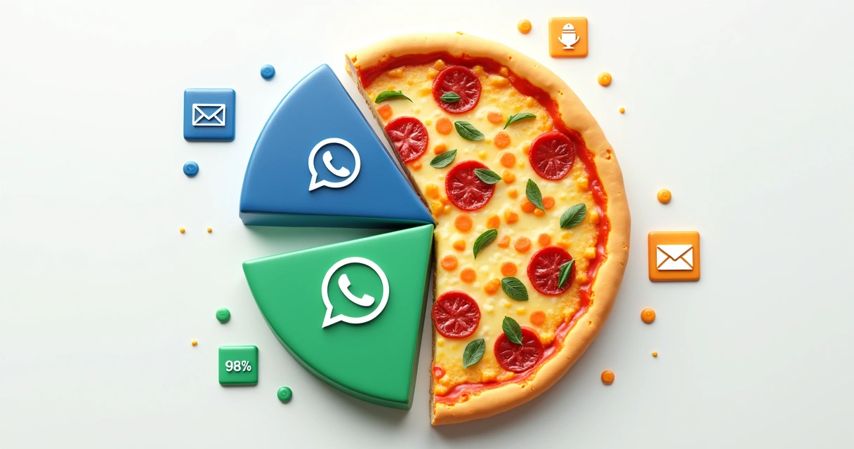 Gráfico de pizza mostrando porcentagens de abertura de SMS, WhatsApp e e-mail