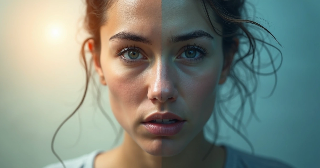 Metade do rosto serena e metade tensa simbolizando consciência e reatividade 