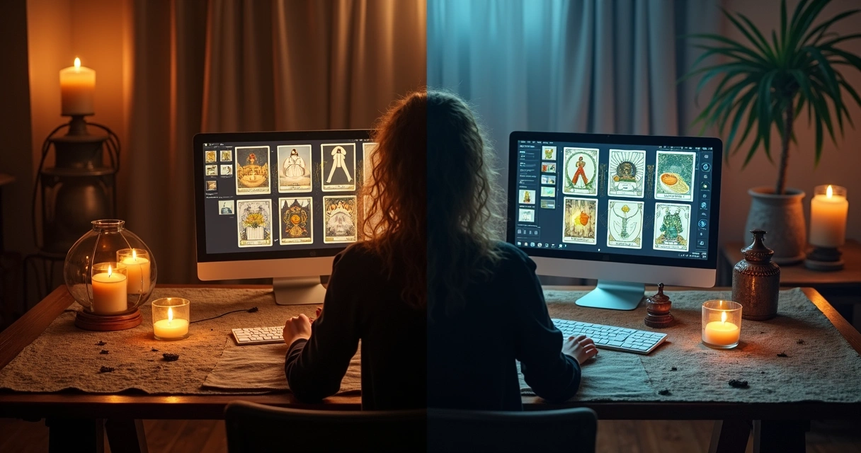 Duas mesas lado a lado, uma com pessoa real lendo tarot e outra com computador mostrando cartas virtuais 