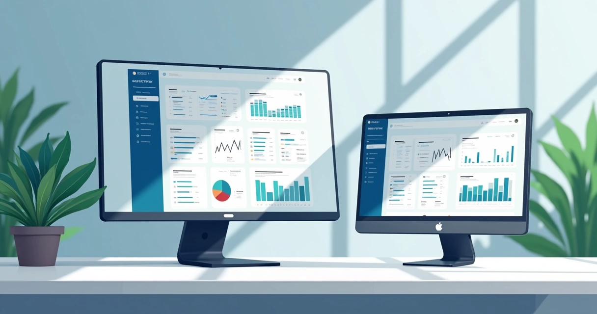 Ilustração do painel de gateway com gráficos ao lado de um aplicativo bancário PJ aberto, mostrando diferenças de controle financeiro 