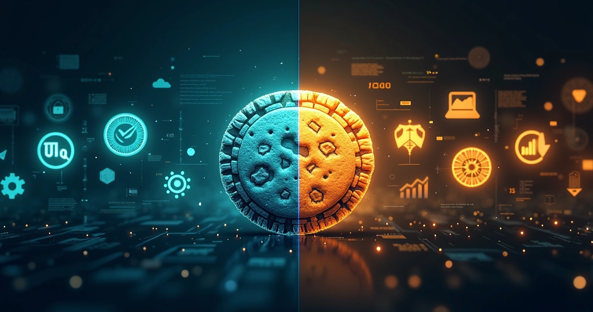 Representação ilustrativa de cookies de desempenho e funcionais com ícones e gráficos digitais 