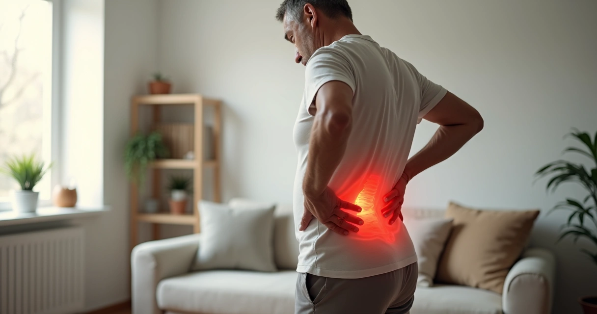 Pessoa em casa destacando diferente localização de dor no quadril e dor lombar 