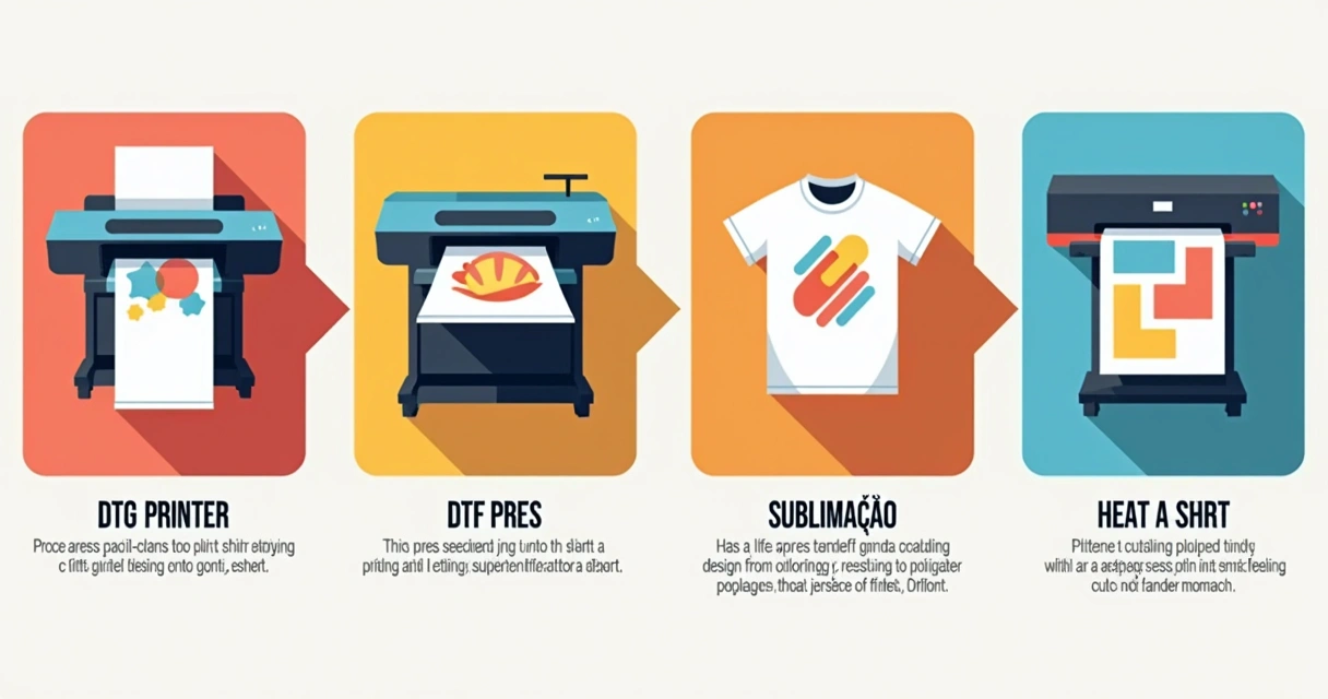 Infográfico mostrando as diferenças entre DTG, DTF, sublimação e vinil 