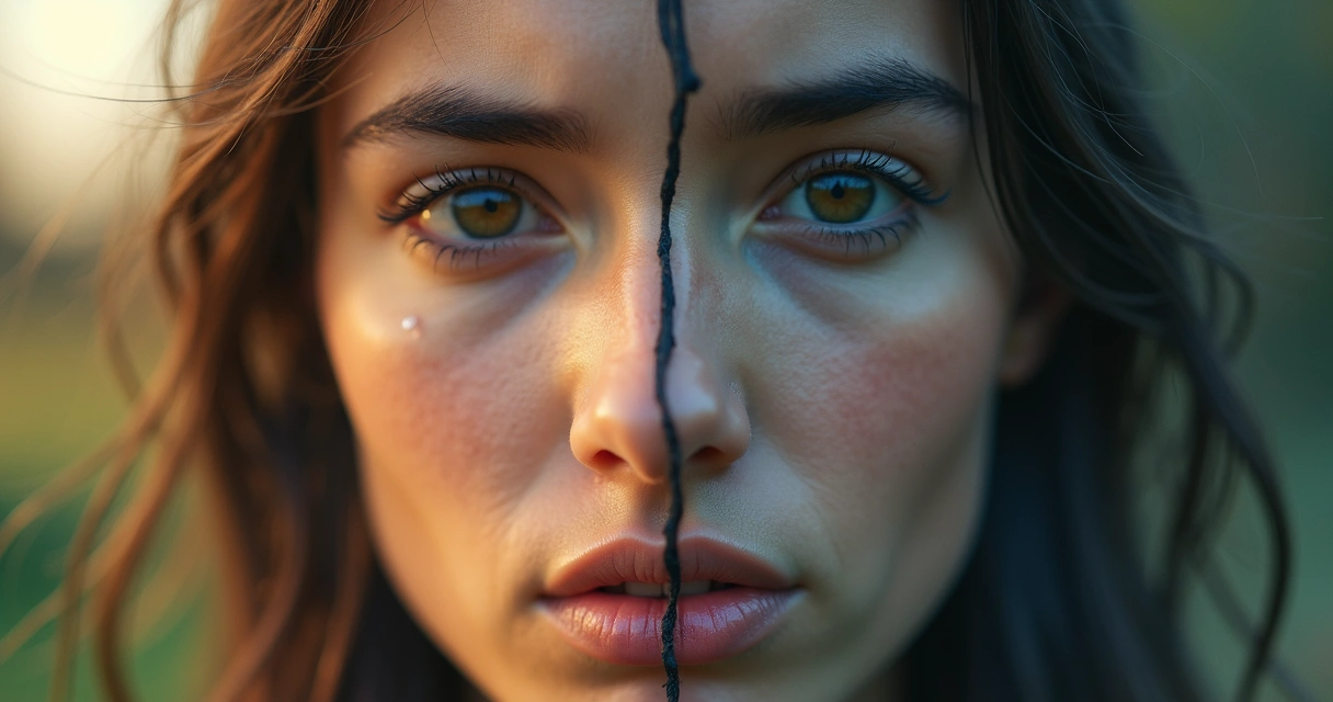 Rosto dividido entre calma consciente e reação automática 