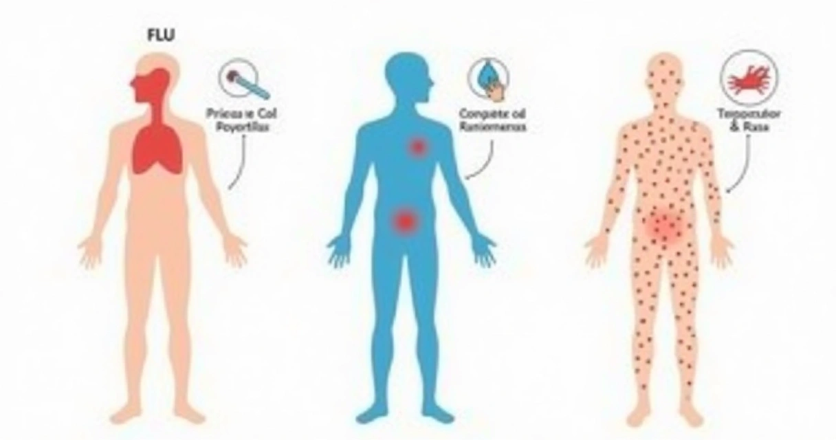 Ilustração comparando sintomas de gripe, resfriado e dengue, com esquema de corpo humano destacando onde impacta cada doença. 