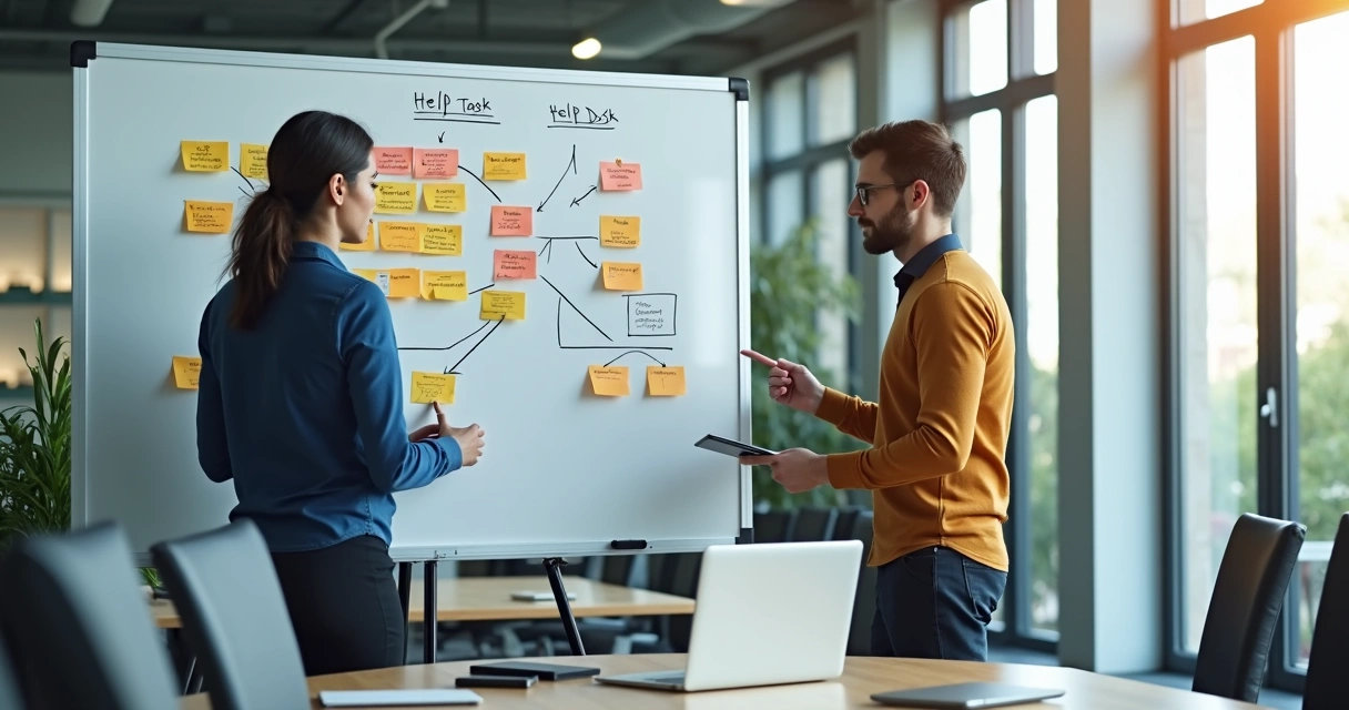 Quadro branco comparando help desk e service desk com post-its coloridos