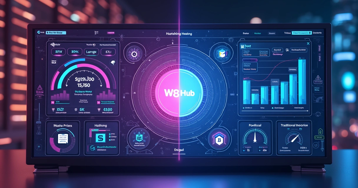 Comparativo visual W8 Hub e hospedagem tradicional WordPress. 