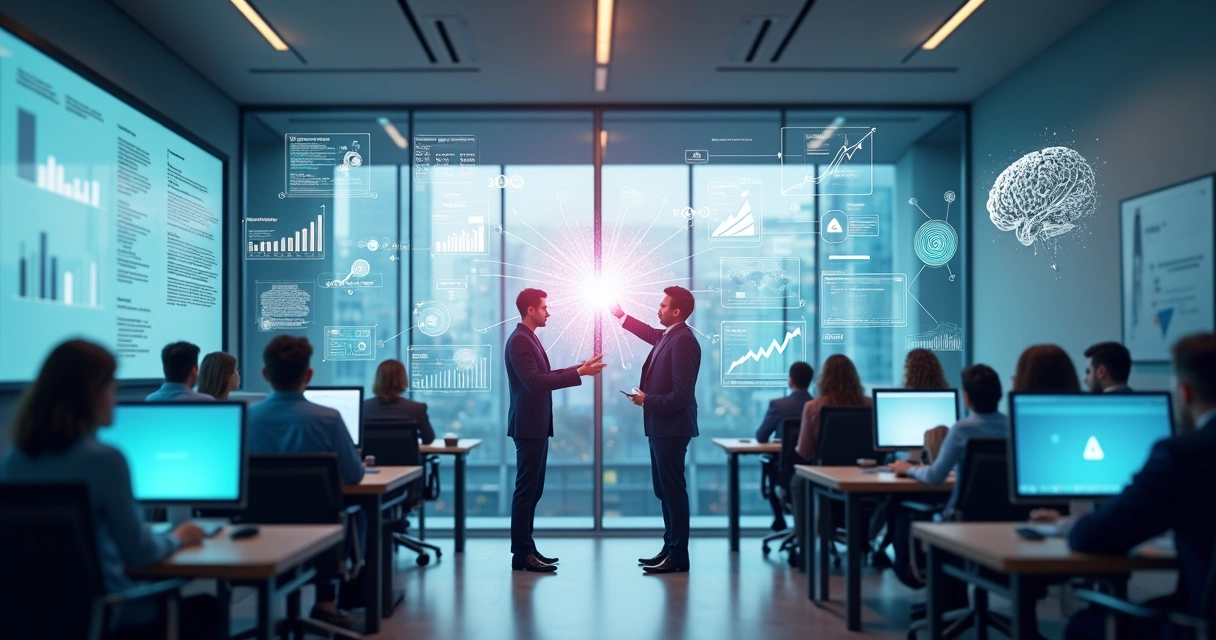 Comparação visual entre inteligência artificial e automação em uma empresa usando telas digitais 