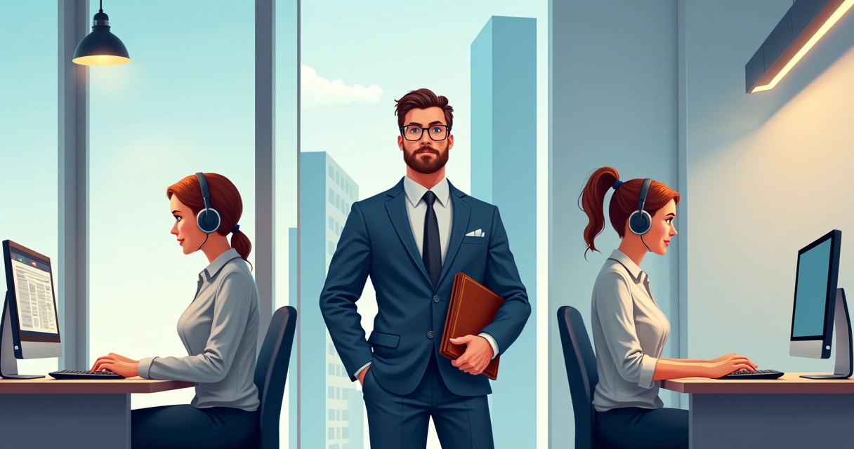 Três tipos de vendedores, remoto com notebook, presencial com pasta, telemarketing em call center