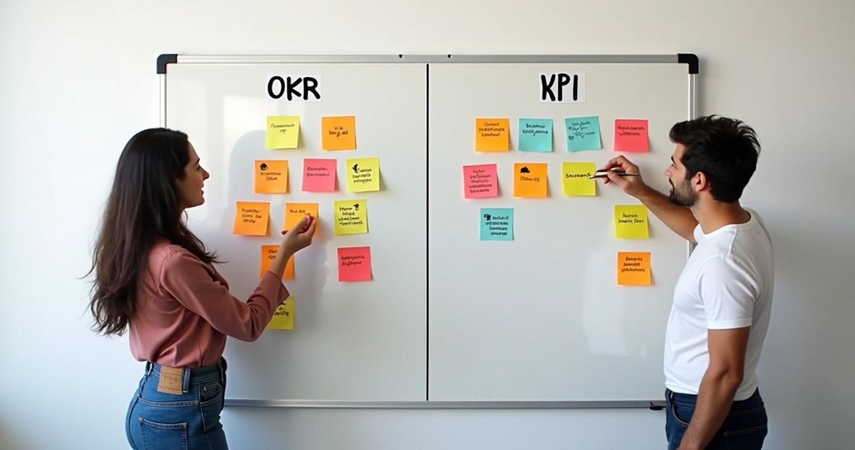 Quadro comparando OKR e KPI com exemplos visuais