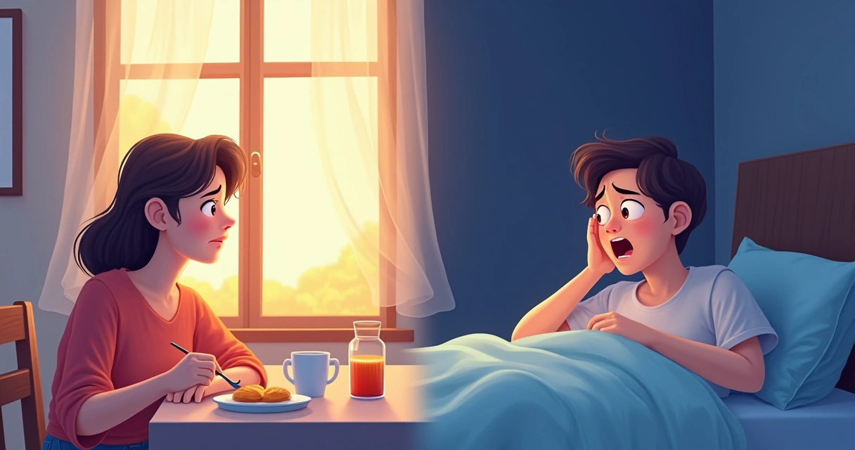 Cena dupla mostrando rotina tranquila e momento de ansiedade 