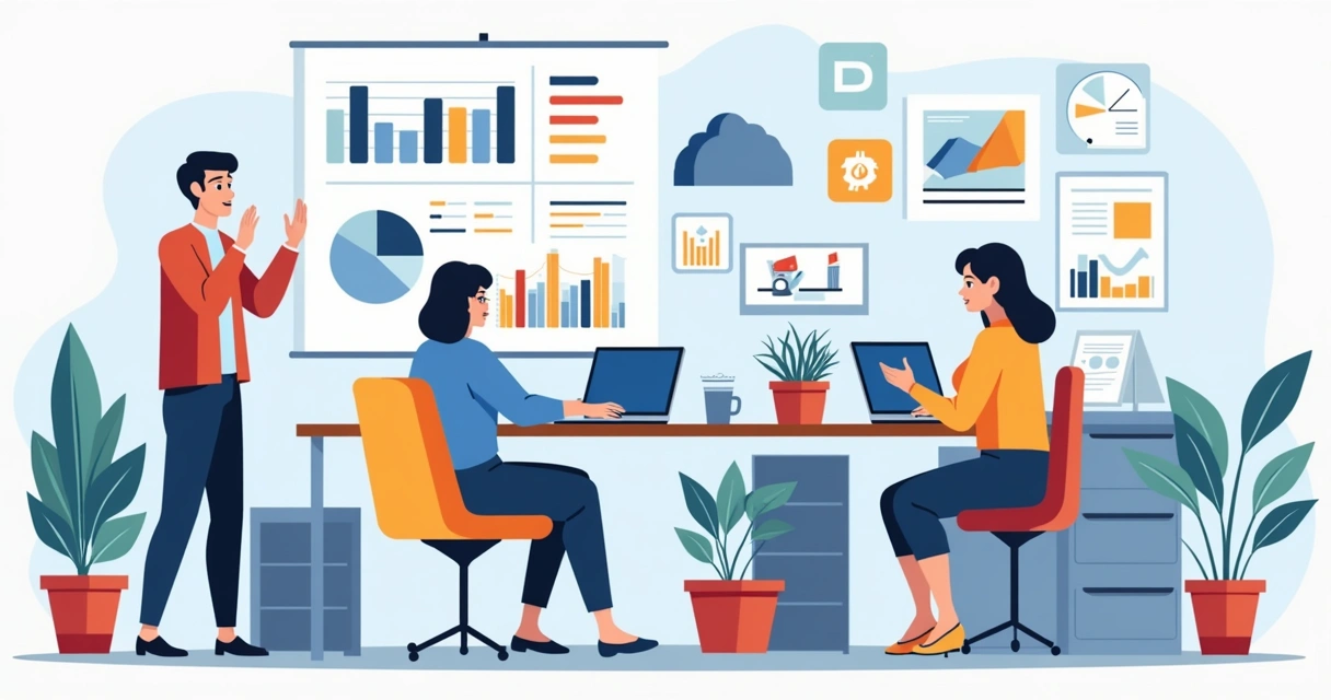 Ilustração corporativa mostrando diferenças entre promotores e fãs, com gráficos e pessoas interagindo com dispositivos 