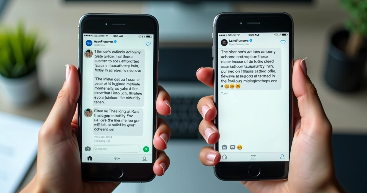 Duas telas lado a lado: uma com crítica detalhada, outra com comentário vago e agressivo. 