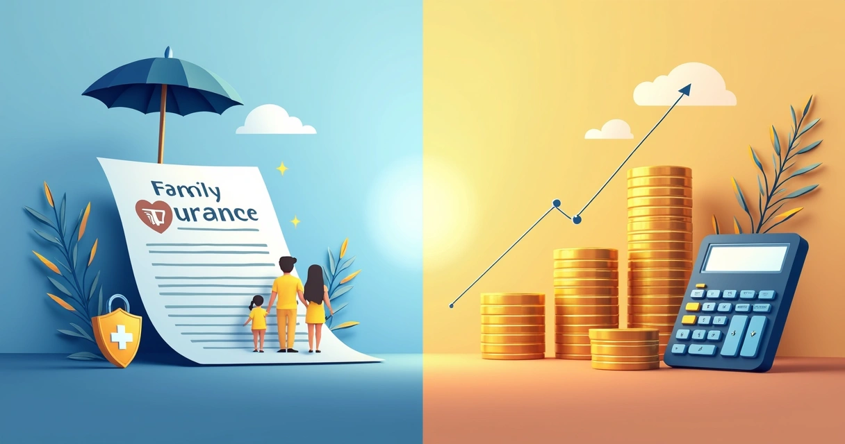 Desenho comparando lado a lado ferramentas de seguro de vida de um lado e investimentos do outro, em cores diferentes. 
