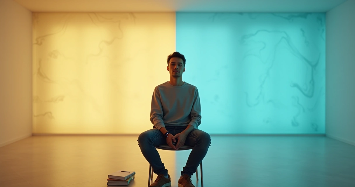 Pessoa refletindo com luzes em duas cores simbolizando sentimentos e emoções 