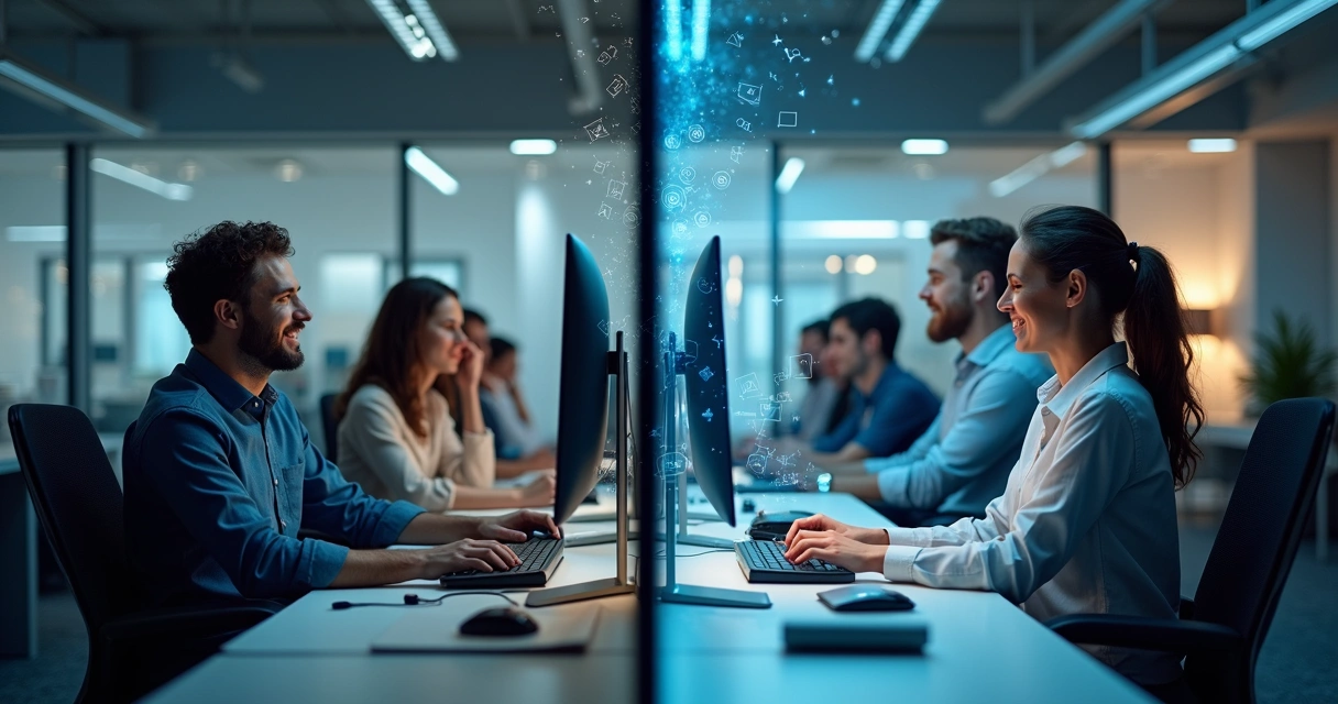 Comparação visual entre escritórios usando softwares prontos e personalizados 